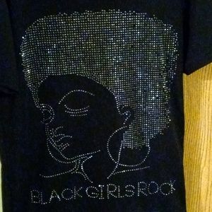 Black (BLACK GIRLS ROCK) silver bedazzled afrohair silhouette short sleeve shirt